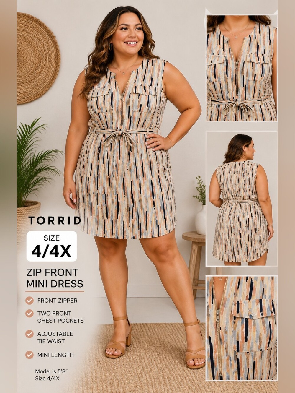 Torrid Size 4 4X Zip Front Striped Utility Midi Dress Tie Waist Pockets Boho